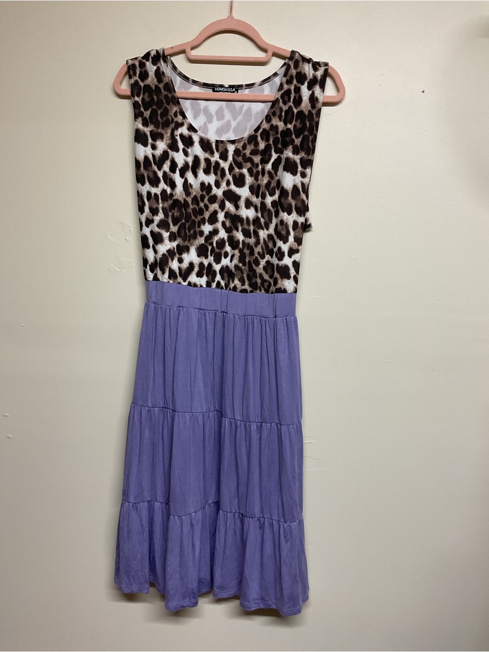 HEIMISH USA Leopard Print Bodice & Lavender Tiered Midi Dress
